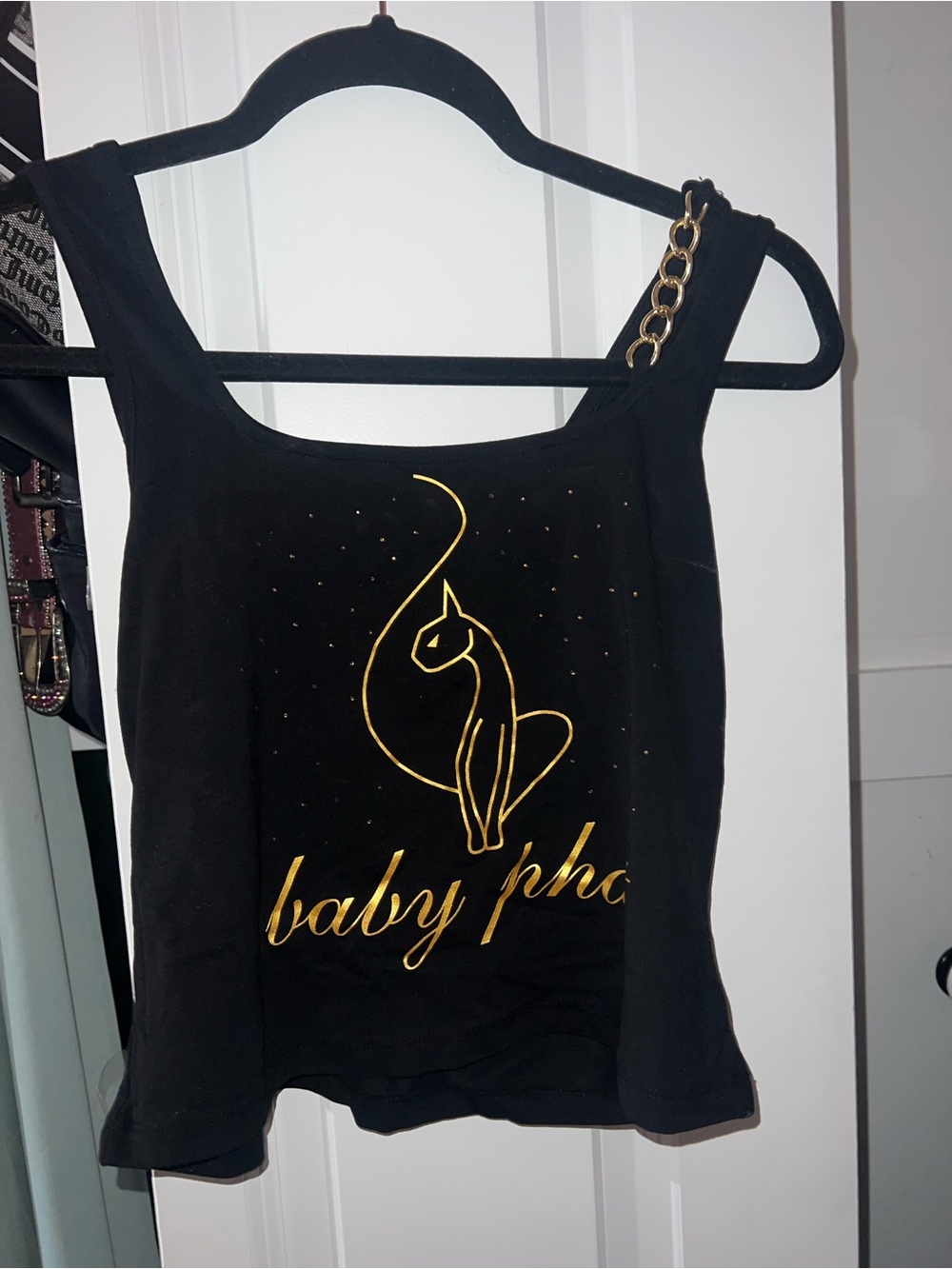 Baby Phat Black Tank with Gold Cat Emblem and Chain Strap